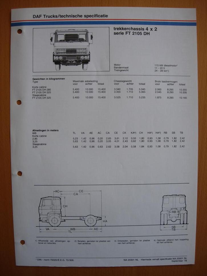 DAF FT 2100 DH Technische Specificatie folder 1978 – 4x2, Boeken, Auto's | Folders en Tijdschriften, Zo goed als nieuw, Overige merken