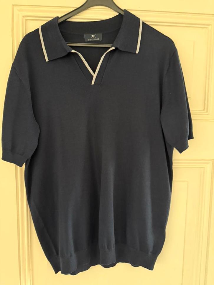 Polo, l, nieuw, merino wol. Blauw met offwhite piping., Kleding | Heren, Polo's, Nieuw, Maat 52/54 (L), Blauw, Verzenden