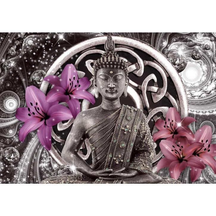 120 Buddha Paars Grijs Vlies Fotobehang 350x250cm in 3 maten, Huis en Inrichting, Stoffering | Behang, Wit, Zwart, Grijs, Paars
