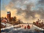 Hollands wintergezicht olieverf op paneel mooie lijst, Antiek en Kunst, Kunst | Schilderijen | Klassiek, Ophalen of Verzenden
