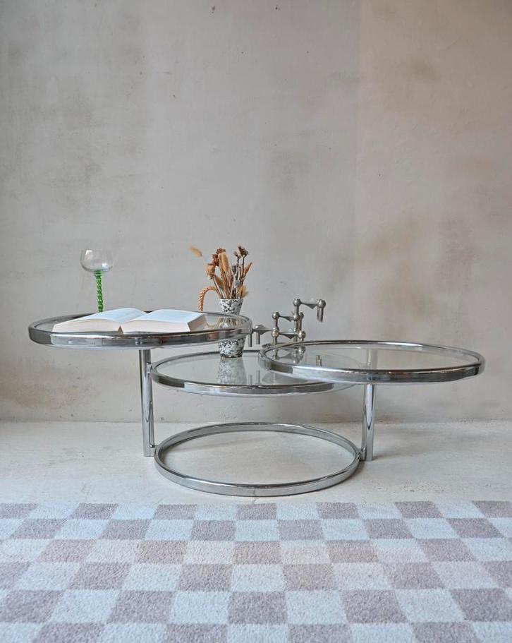 Mooie vintage Swiveltafel, salontafel in Chroom en glas, Huis en Inrichting, Tafels | Salontafels, Zo goed als nieuw, 50 tot 75 cm