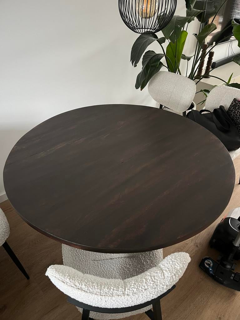 Japandi donkereiken Tafel met Stalen Poot, Huis en Inrichting, Tafels | Eettafels, Ophalen, 100 tot 150 cm, Zo goed als nieuw