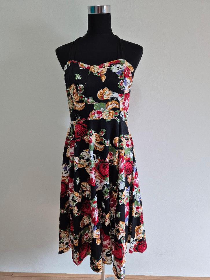 J189 - Hearts & Roses halterjurk maat 42 (1), Kleding | Dames, Jurken, Zo goed als nieuw, Maat 42/44 (L), Blauw, Knielengte, Ophalen of Verzenden