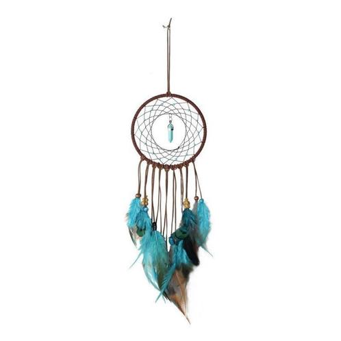 Handgemaakte dromenvanger met turquoise en bruine veren – 45, Huis en Inrichting, Woonaccessoires | Wanddecoraties, Nieuw, Ophalen of Verzenden
