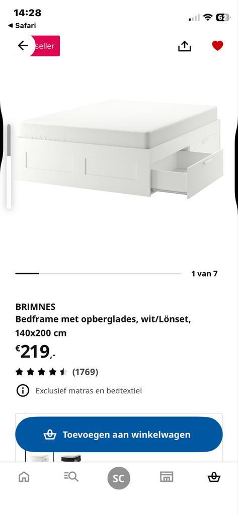 Brimnes bedframe met opberglades - Wit - 140x200, Huis en Inrichting, Slaapkamer | Bedden, Gebruikt, Tweepersoons, 140 cm, 200 cm