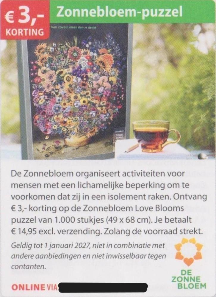 Zonnebloem-puzzel. € 3,- korting Postcodeloterij voordeelbon, Tickets en Kaartjes, Kortingen en Cadeaubonnen, Eén persoon, Kortingsbon