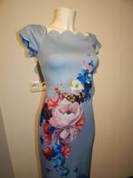 Ted Baker blauwe jurk golvende afwerking bloemen Plaatje, Zo goed als nieuw, Maat 36 (S), Ted Baker, Onder de knie