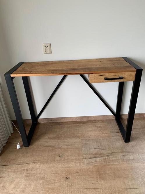 Mangohouten bureau met 1 lade – industrieel design, Huis en Inrichting, Bureaus, Zo goed als nieuw, Ophalen