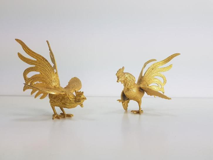 2 vintage vechtende fazanten hanen goud metaal ‘60, Huis en Inrichting, Woonaccessoires | Overige, Gebruikt, Ophalen of Verzenden