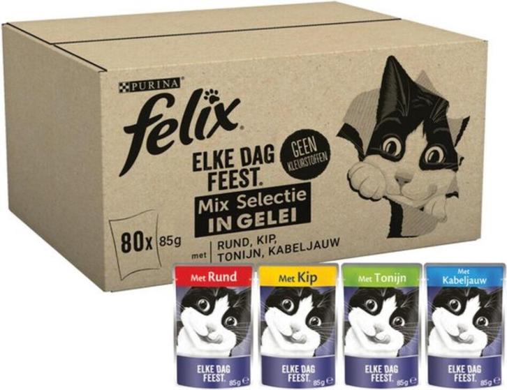 80x Felix Elke Dag Feest Mix Selectie - Gelei GRATIS BEZORGD, Dieren en Toebehoren, Dierenvoeding, Kat, Verzenden