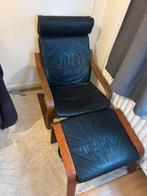 IKEA Poäng stoel met zwart leren kussens + voetenbank, Ophalen of Verzenden, Zo goed als nieuw, 50 tot 75 cm, Leer