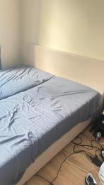 Boxspring 160x200 - beige stof, hoofdbord + 2 matrassen, Gebruikt, Beige, Tweepersoons, Ophalen of Verzenden
