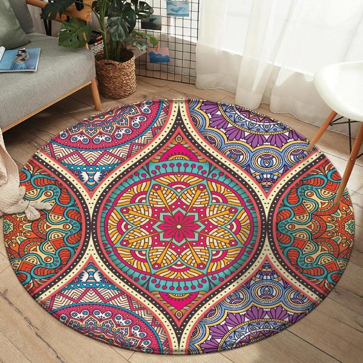 Bohemian Rond Vloerkleed 6 Tapijt Mat Boho Roze Rood Geel, Huis en Inrichting, Stoffering | Tapijten en Kleden, Nieuw, Rond, Overige kleuren
