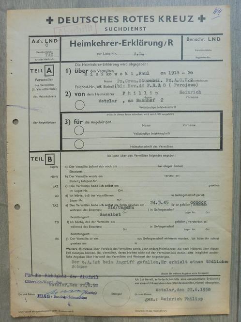 Duits document mbt Panzer-Grenadier vermist sinds 24.03.1945, Verzamelen, Militaria | Tweede Wereldoorlog, Landmacht, Overige typen