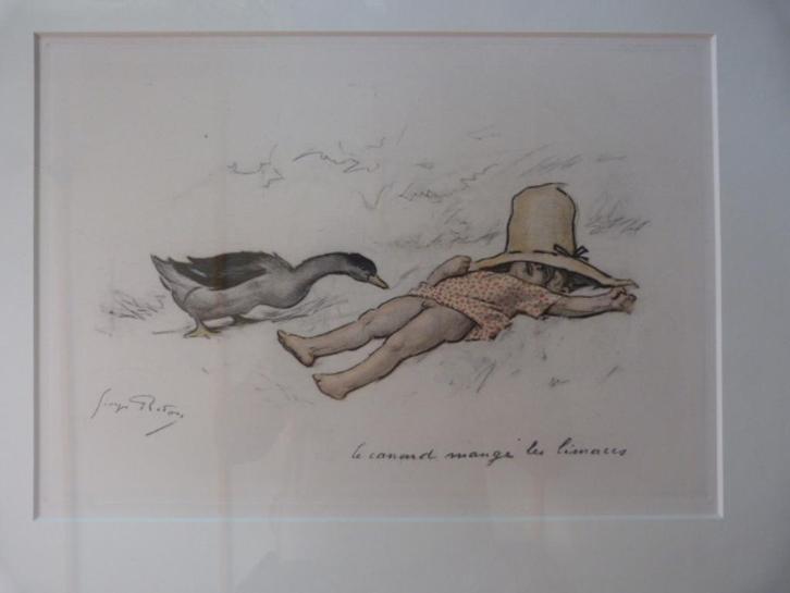 Georges Redon - Le canard mange les limaces, Antiek en Kunst, Kunst | Etsen en Gravures, Ophalen of Verzenden