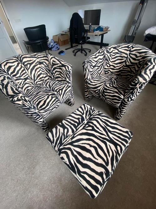 Twee feauteuils en poef met zebraprint, Huis en Inrichting, Fauteuils, Gebruikt, 50 tot 75 cm, Minder dan 75 cm, Ophalen