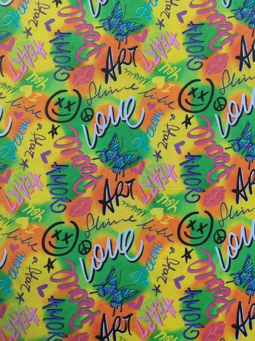 100% katoen - peace & love en smileys - stenzo, Hobby en Vrije tijd, Stoffen en Lappen, Ophalen of Verzenden