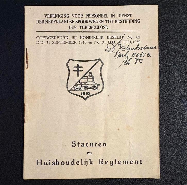 Statuten en huish. reglement tuberculose-vereniging NS (1939, Verzamelen, Spoorwegen en Tramwegen, Gebruikt, Trein, Boek of Tijdschrift