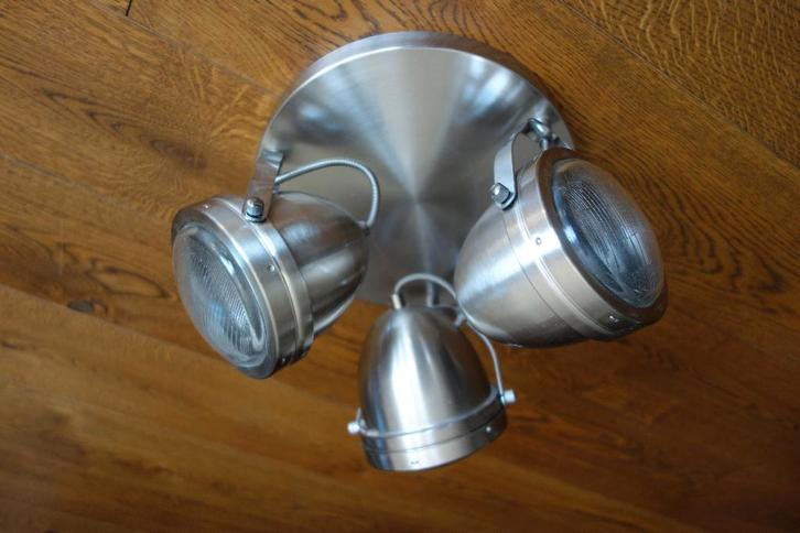 Lamp met 3 autokoplampen chrome, Huis en Inrichting, Lampen | Tafellampen, Zo goed als nieuw, Minder dan 50 cm, Metaal, Ophalen of Verzenden