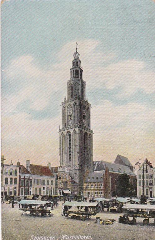 groningen 1907/1943 martinitoren  2 x  tekst/zegel, Verzamelen, Ansichtkaarten | Nederland, Groningen, 1960 tot 1980, Ophalen of Verzenden