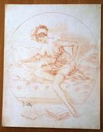 A493-84 Oude tekening schaars geklede vrouw zittende op bank, Ophalen of Verzenden