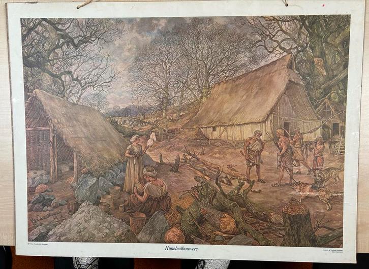 Wandplaat Hunebedbouwers - Geschiedenisles, Antiek en Kunst, Antiek | Schoolplaten, Geschiedenis, Ophalen of Verzenden