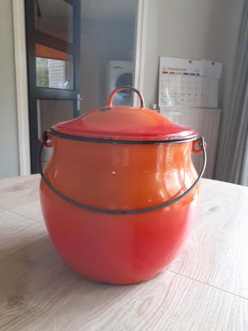 Vintage Emaille Pan met Deksel - Oranje/Rood beschikbaar voor biedingen