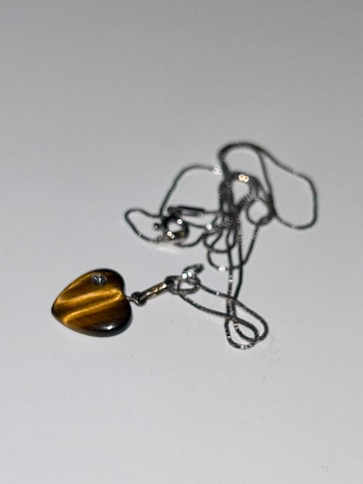 Zilveren ketting 925 met Tijgeroog hartje, Sieraden, Tassen en Uiterlijk, Kettingen, Zo goed als nieuw, Zilver, Met edelsteen