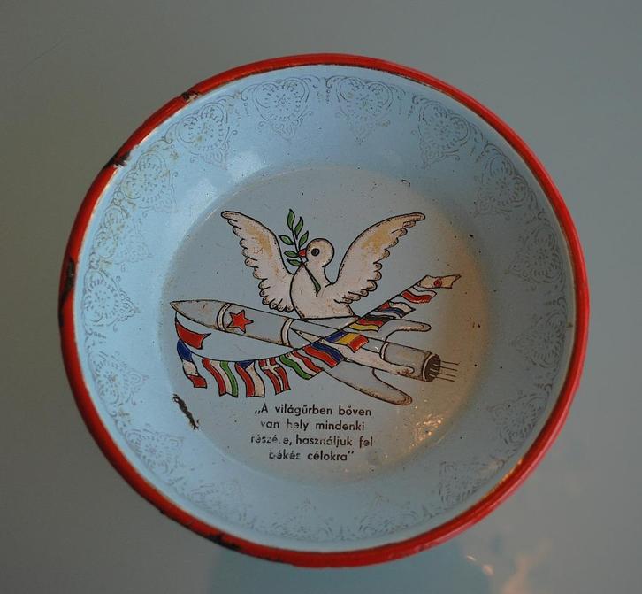 Emaillen bord Space / Ruimte Raket met Vredesduif. Erg oud, Antiek en Kunst, Curiosa en Brocante, Ophalen of Verzenden