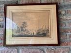 Platbodem boot oude prent getekend 45 breedte 35 hoog, Antiek en Kunst, Ophalen of Verzenden