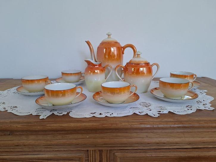Vintage koffieservies - 6 delig - Iriserend oranje, Antiek en Kunst, Antiek | Servies compleet, Ophalen of Verzenden