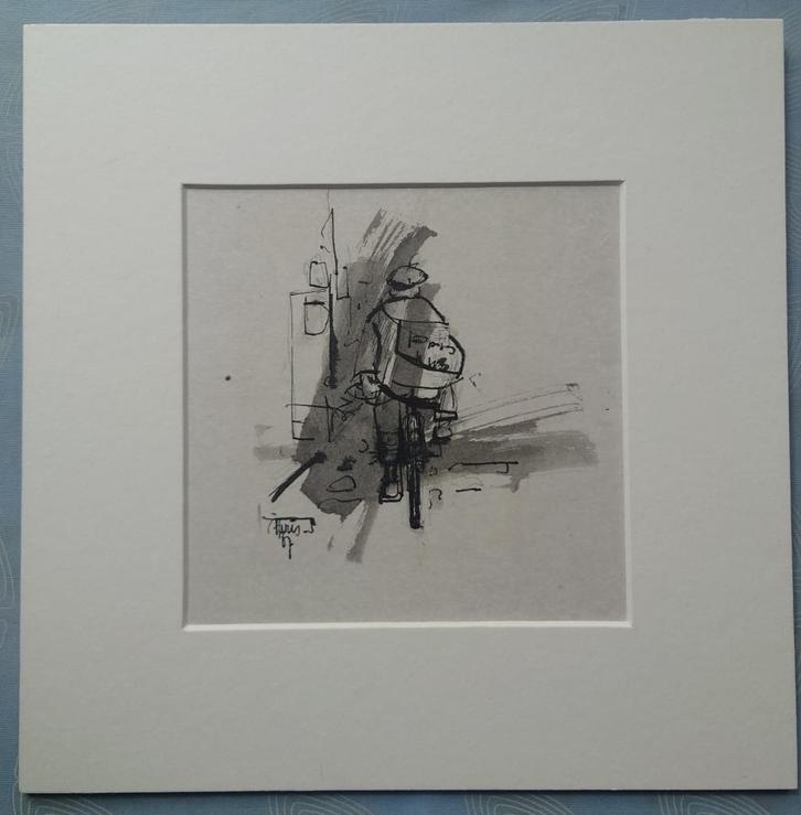 Fietser in Parijs 1967, inkt / sepia, Antiek en Kunst, Kunst | Schilderijen | Klassiek, Ophalen of Verzenden