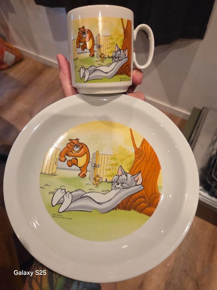 Vintage Disney Kop en Bordje - Tom & Jerry, Huis en Inrichting, Keuken | Servies, Gebruikt, Kop(pen) en/of Schotel(s), Overige stijlen