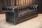 Engelse Chesterfield 3-zitsbank, echt leer, blauw, Chesterfield, Driepersoons, Ophalen of Verzenden, Zo goed als nieuw