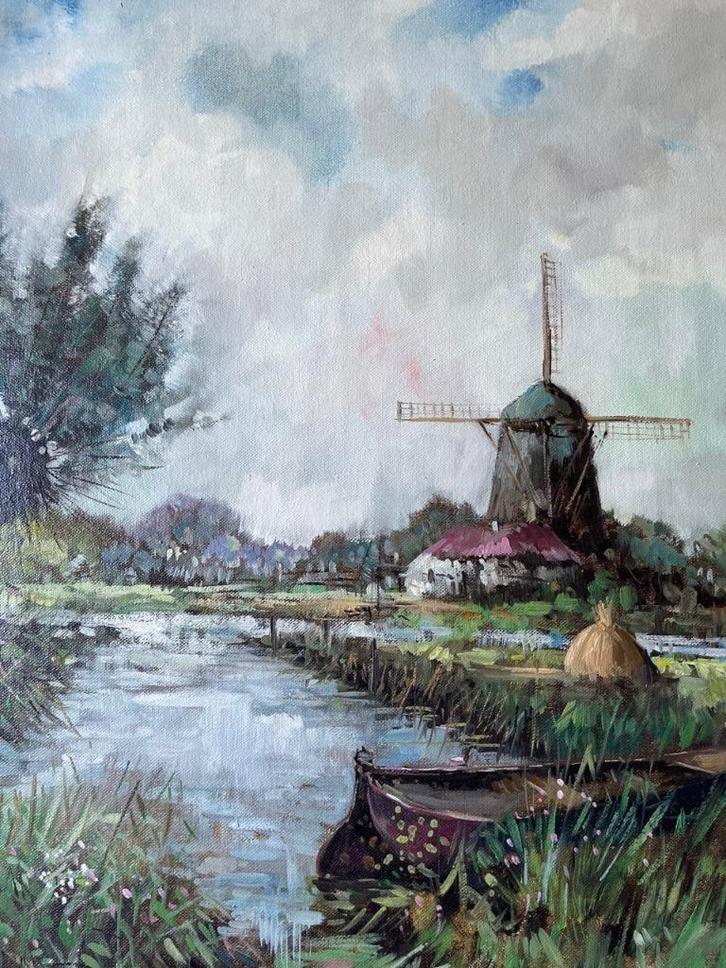 BH Slotman, molen in waterrijk landschap, Antiek en Kunst, Kunst | Schilderijen | Klassiek, Ophalen