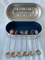 6 vintage lepeltjes zilver met edelstenen incl. lepeldoosje, Ophalen of Verzenden, Zilver