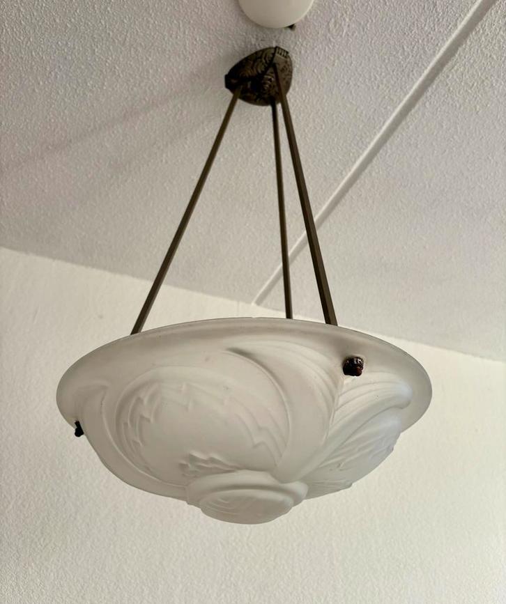 Vintage Art-Deco Glazen Schalenlamp (40 cm), Huis en Inrichting, Lampen | Plafondlampen, Gebruikt, Glas, Metaal, Ophalen of Verzenden
