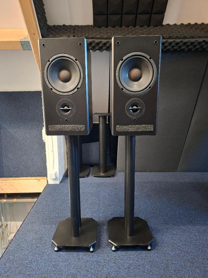 JM Reynaud Twin MK 2 Luidsprekers + Stands, Audio, Tv en Foto, Luidsprekers, Gebruikt, Front, Rear of Stereo speakers, 120 watt of meer