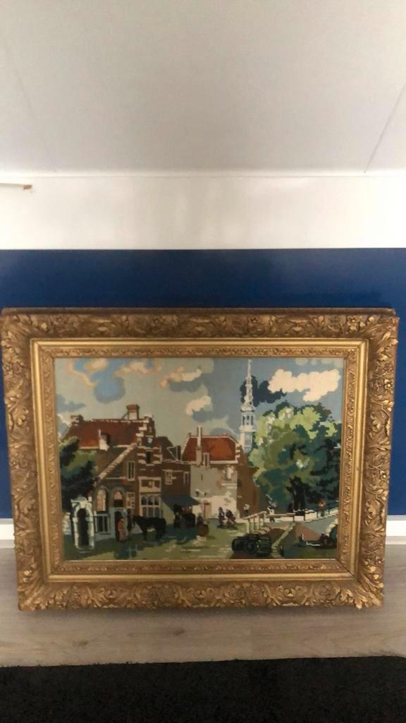 Geborduurd schilderij, Haarlem, in zware baroklijst, 85x69, Antiek en Kunst, Kunst | Schilderijen | Klassiek, Ophalen
