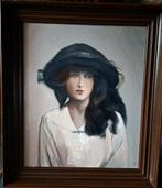 Schilderij dame met hoed, Ophalen of Verzenden