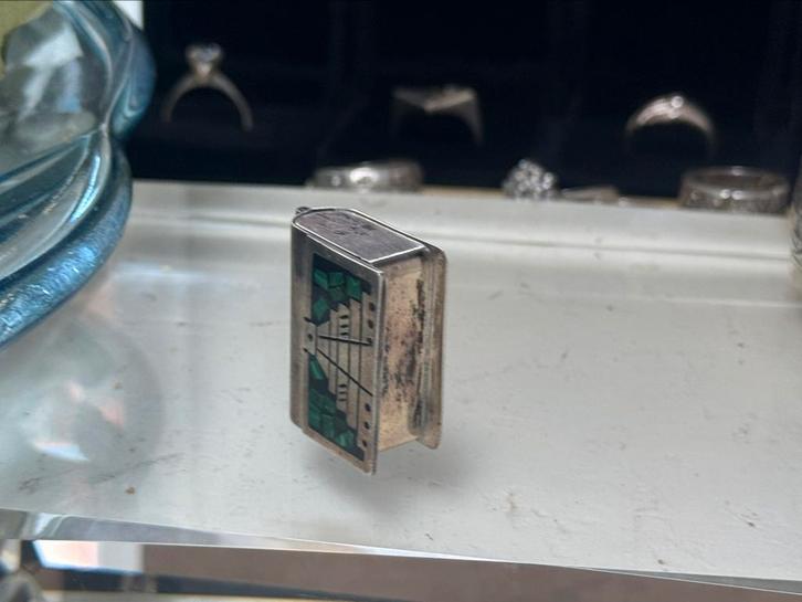 Sterling zilveren pillendoosje met malachiet ( mexico ), Antiek en Kunst, Antiek | Goud en Zilver, Zilver, Ophalen of Verzenden