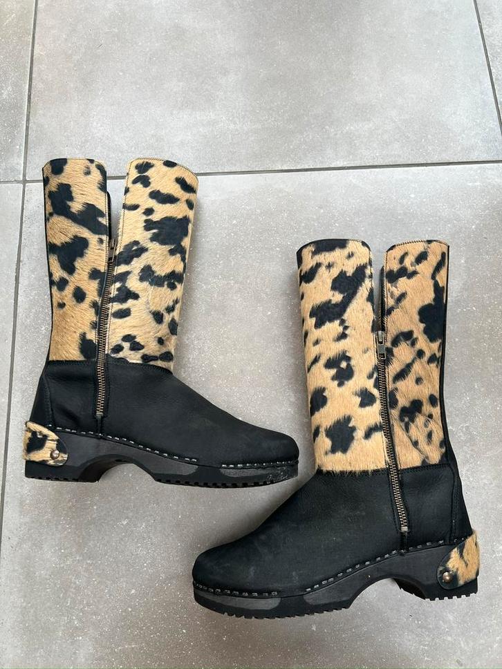JAN JANSEN PANTER LUIPAARD PRINT ECHT LEER KLOMP LAARZEN 41, Kleding | Dames, Schoenen, Zo goed als nieuw, Hoge laarzen, Zwart
