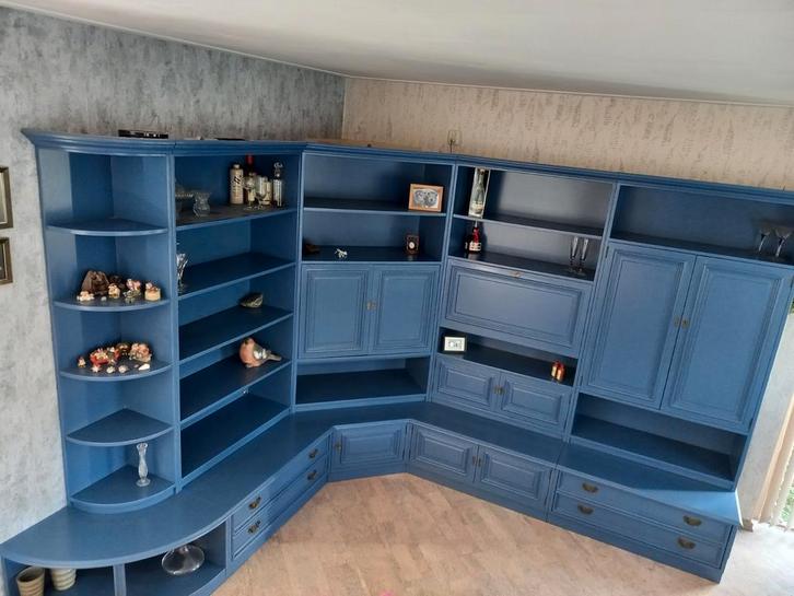 Grote eiken houten hoek kast 5 delig in petrol kleur, Huis en Inrichting, Kasten | Televisiemeubels, Gebruikt, Minder dan 100 cm