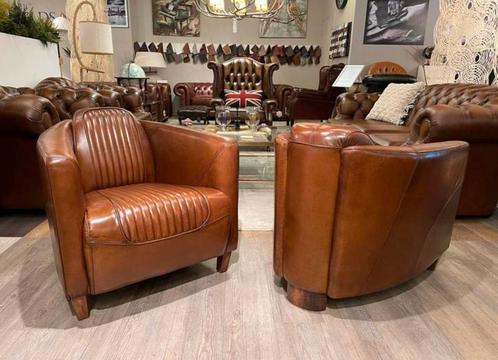 Aviator fauteuils Cognac leer piloten stoel chesterfield, Huis en Inrichting, Fauteuils, Nieuw, Ophalen of Verzenden