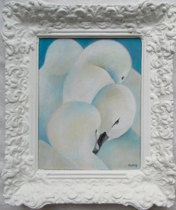 schilderij Zwanen 42x36cm, Antiek en Kunst, Kunst | Schilderijen | Modern, Ophalen of Verzenden