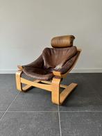 Ake Fribyter Kroken vintage stoel bruin leer beukenhout, 75 tot 100 cm, Gebruikt, Leer, Vintage