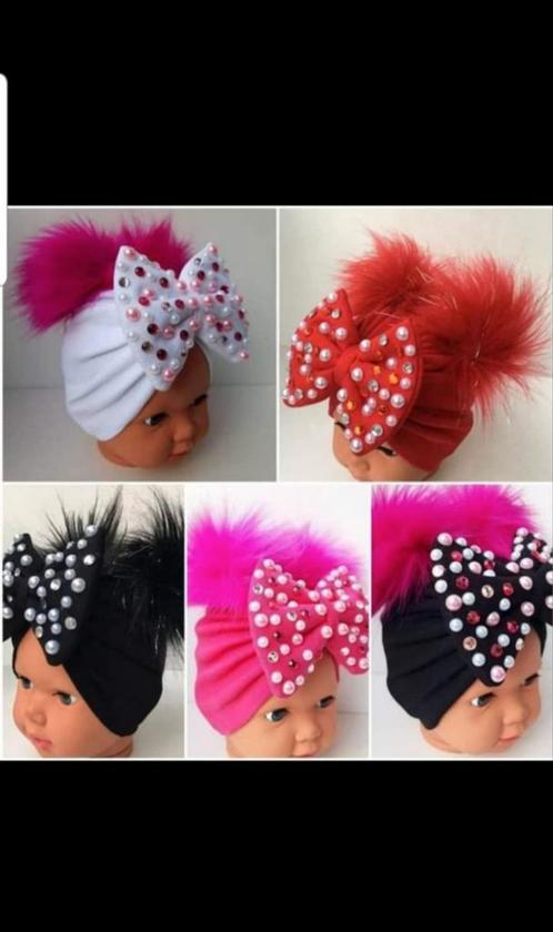 Turban met Parel Bow & Pompon - Meisjes 0-2.5 jaar, Kinderen en Baby's, Babymode-accessoires, Nieuw, Ophalen of Verzenden