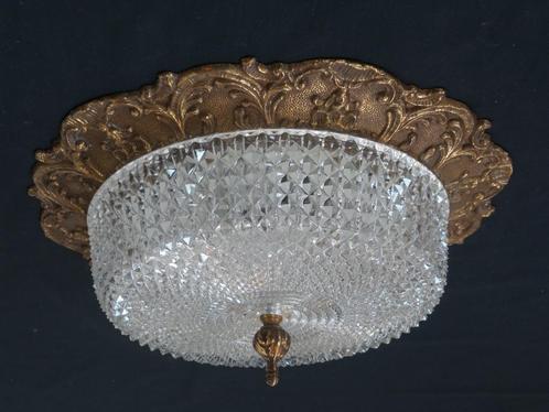 Oude plafonniere met kristallen glaskap Doorsnede 38 cm en h, Huis en Inrichting, Lampen | Plafondlampen, Gebruikt, Ophalen of Verzenden