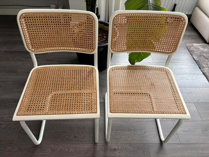 Webbing buisframestoel, Huis en Inrichting, Stoelen, Gebruikt, Twee, Hout, Metaal, Wit, Ophalen