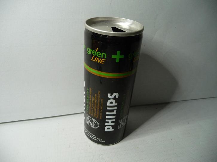 Philips drinkblikje met batterijopdruk, Verzenden kan ook, Verzamelen, Blikken, Gebruikt, Frisdrank, Overige merken, Ophalen
